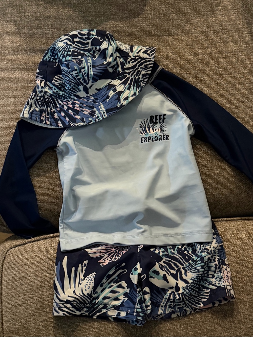 Carter's Light Blue & Navy Two-Piece Swim Set with Patterned Sun Hat
